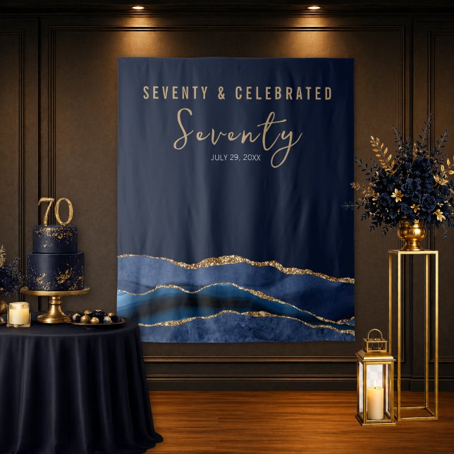 Seventy And Celebrated Navy Gold Agate Backdrop Tapestry (Elegant navy gold 70th birthday backdrop with agate detail for luxury celebration setup)
