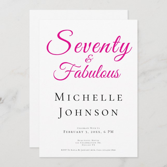Seventy and Fabulous Minimal Pink 70th Birthday Invitation (Front/Back)
