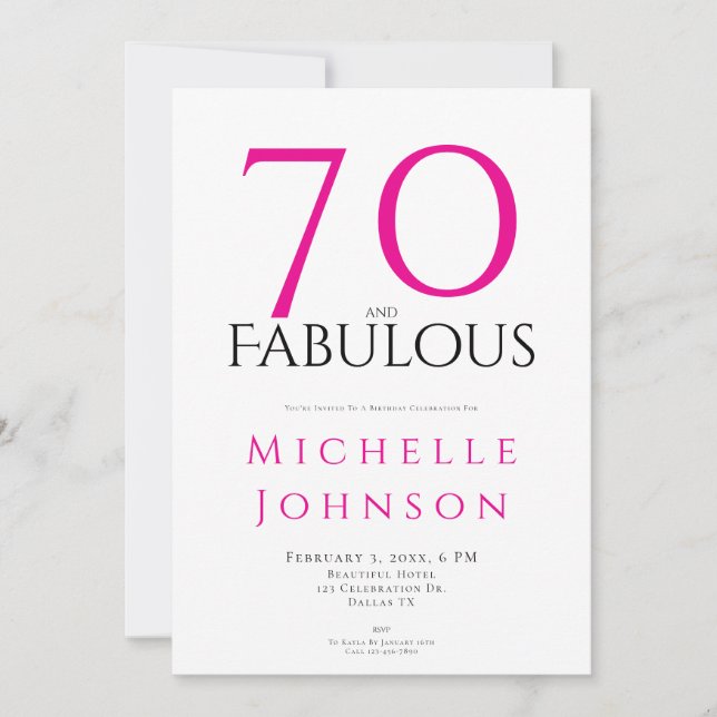 Seventy and Fabulous Minimal Pink 70th Birthday Invitation (Front)