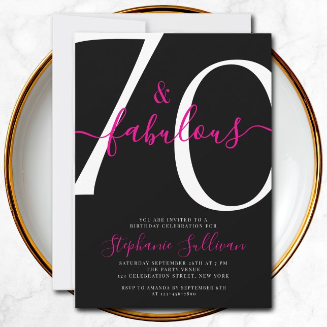 Seventy and Fabulous Script 70th Birthday Black Invitation (Creator Uploaded)