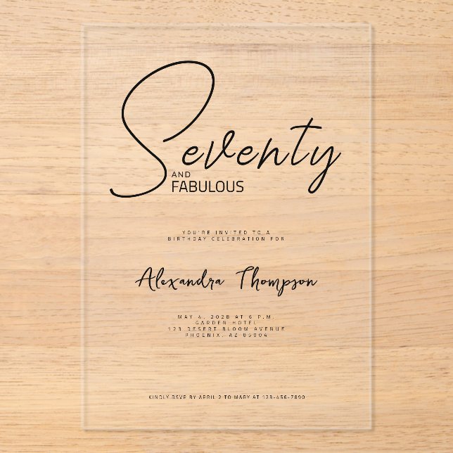 Seventy and Fabulous Script 70th Birthday Party Acrylic Invitations (Front)