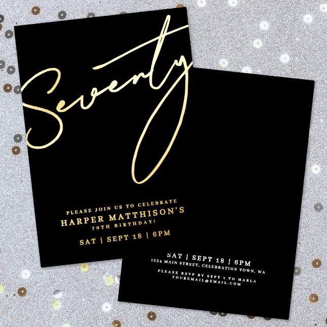 Seventy Black 70th Birthday Gold (Elegant Black Seventy 70th Birthday Gold Foil Invitation)