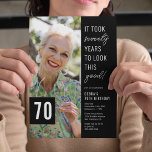 Seventy Black & White 70th Birthday Party Photo Invitation<br><div class="desc">Create unforgettable moments with our modern 70th birthday party invitations! Chraacterised by a sophisticated black background and an amusing saying - 'It took seventy years to look this good!', these invites also offer a convenient text template you can customise easily. Add in the celebrant's photo, and you've got an invitation...</div>