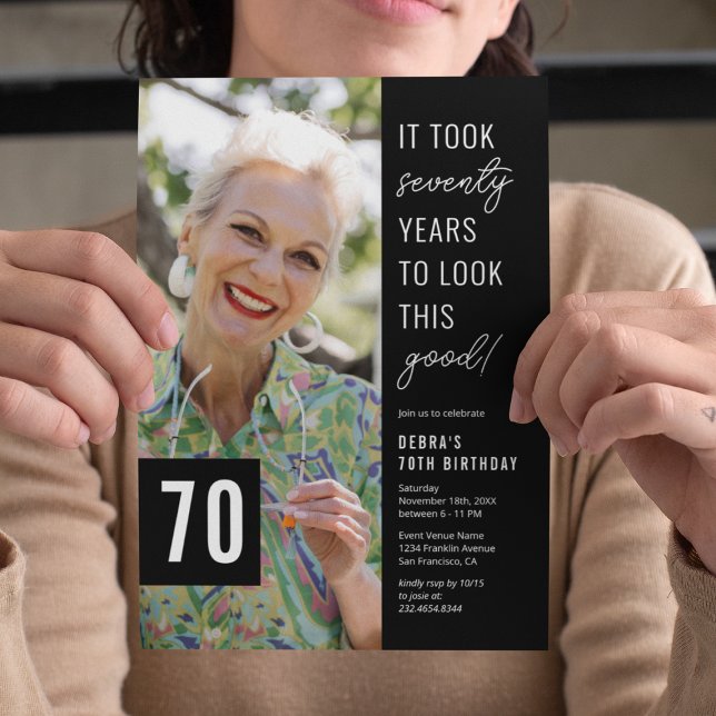 Seventy Black & White 70th Birthday Party Photo Invitation (Creator Uploaded)