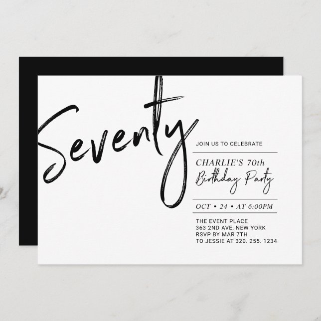Seventy | Black & White Modern 70th Birthday Party Invitation (Front/Back)