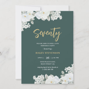 Seventy Emerald Green & Gold White Floral Birthday Invitation