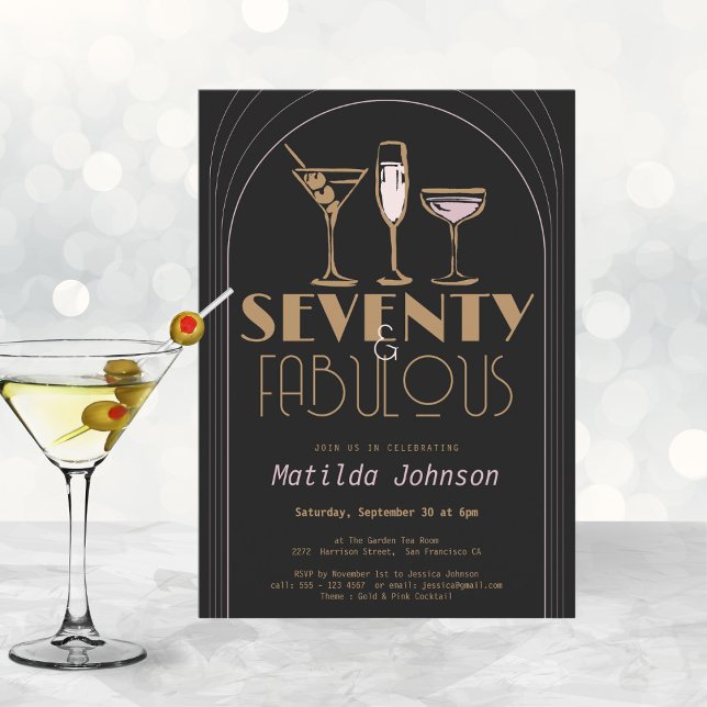 Seventy Fabulous Cocktail Gold Black 70th Birthday Invitation (Mockup View)