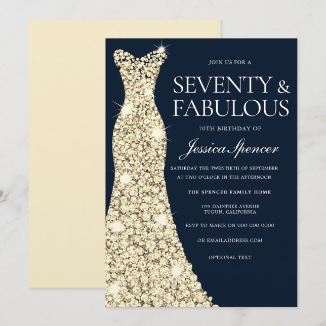 Seventy & Fabulous!! Gold Dress Gown 70th Birthday Invitation (Front/Back)