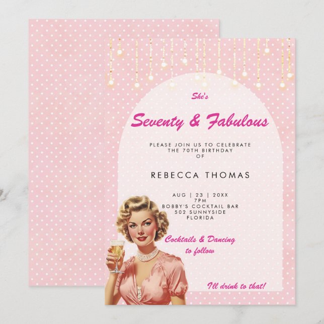 seventy & fabulous retro pink birthday invitation (Front/Back)