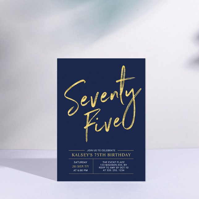 Seventy Five | Gold & Navy Blue 75th Birthday Invitation (Creator Uploaded)