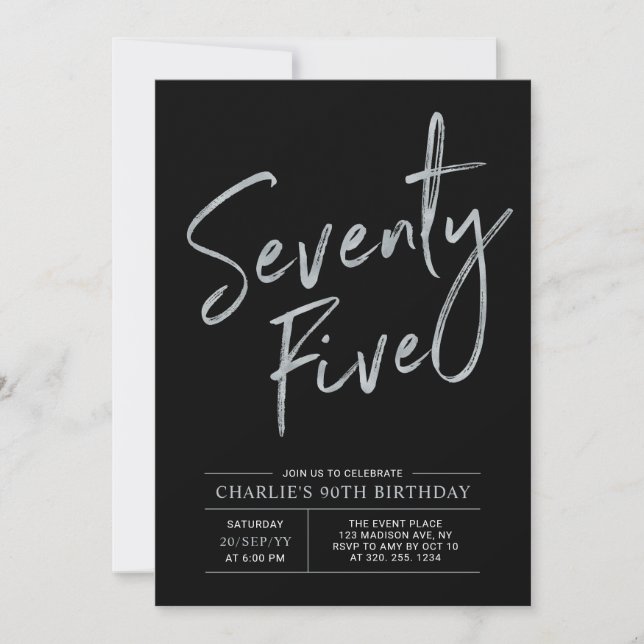 Seventy Five | Silver & Black 75th Birthday Invitation (Front)