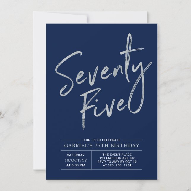 Seventy Five | Silver & Navy 75th Birthday Invitation (Front)