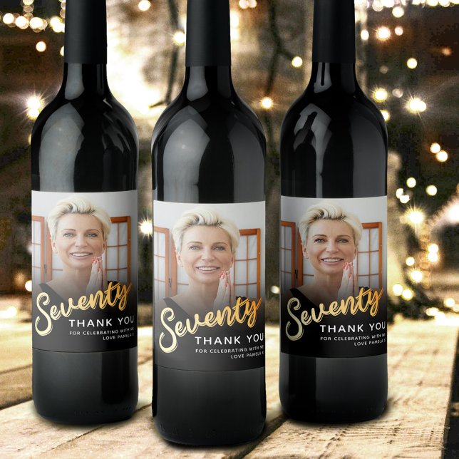 Seventy gold black 70th Birthday custom photo Wine Label (Creator Uploaded)