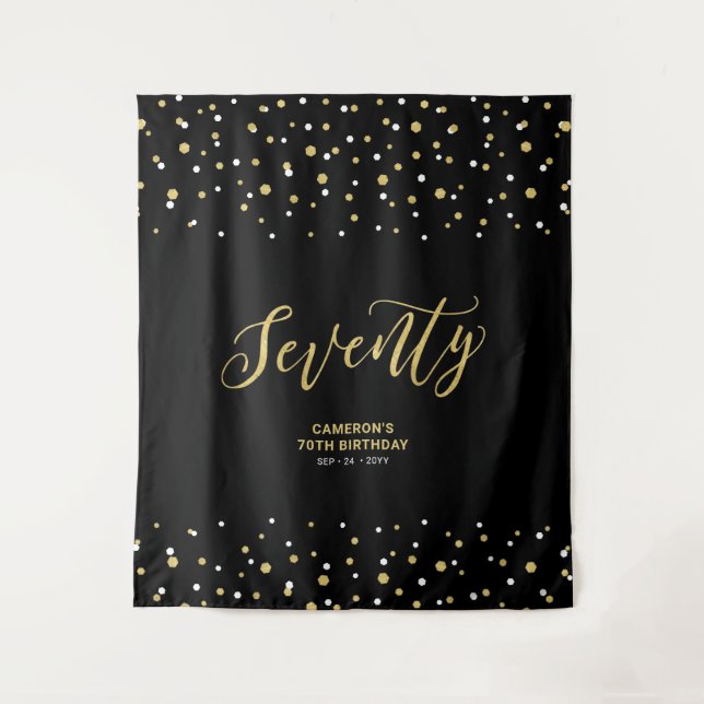 Seventy Gold & Black 70th Birthday Party Backdrop Tapestry (Front)