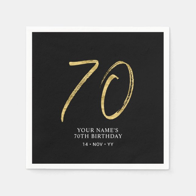 Seventy | Gold & Black Lettering 70th Birthday Napkin (Front)