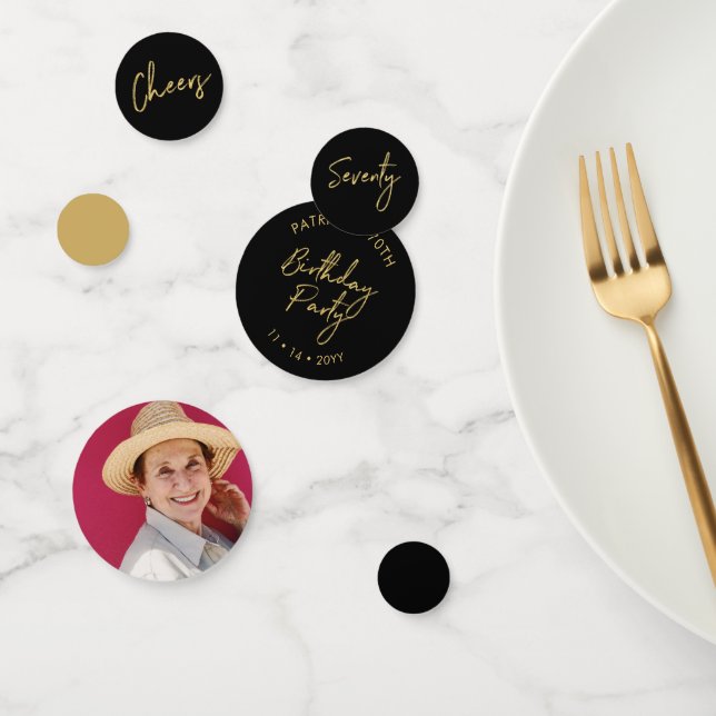 Seventy | Gold & Black Modern 70th Birthday Party Confetti (Group)