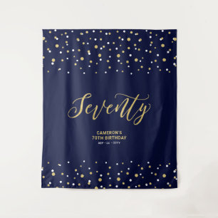 Seventy Gold & Navy 70th Birthday Party Backdrop Tapestry
