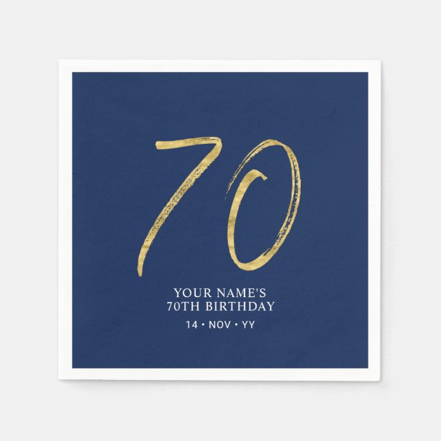 Seventy | Gold & Navy Blue Lettering 70th Birthday Napkin (Front)