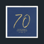 Seventy | Gold & Navy Blue Lettering 70th Birthday Napkin<br><div class="desc">This simple custom napkin will add stylish details to your 70th birthday party. This design features gold chic lettering "70" with custom text on a navy blue background. Matching invitations and party supplies are available in my shop BaraBomDesign.</div>