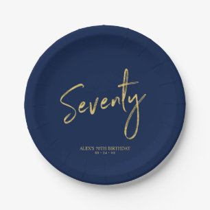 Seventy Gold & Navy Lettering 70th Birthday Party Paper Plate