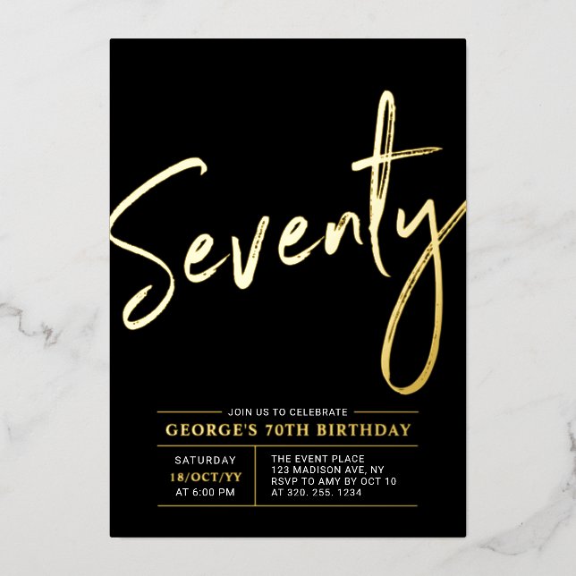 Seventy | Modern Gold & Black 70th Birthday Party (Front)