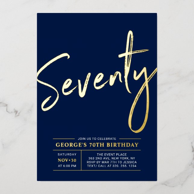 Seventy | Modern Gold Navy 70th Birthday Party (Front)