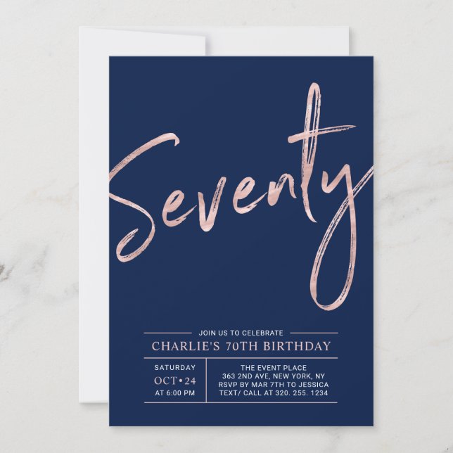 Seventy | Modern Rose Gold 70th Birthday Party Invitation (Front)