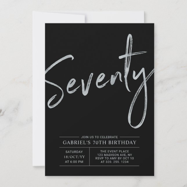 Seventy Modern Silver & Black 70th Birthday Party Invitation (Front)