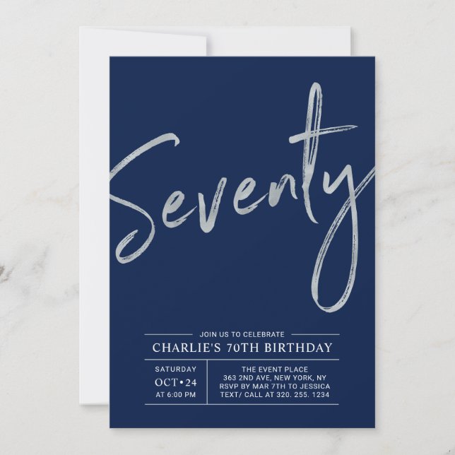 Seventy | Modern Silver Brush 70th Birthday Party Invitation (Front)
