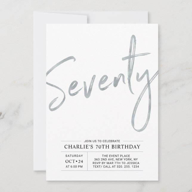 Seventy | Modern Silver Brush 70th Birthday Party Invitation (Front)