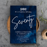 Seventy | Navy Blue 70th Birthday Surprise Party Invitation<br><div class="desc">Seventy | Navy Blue 70th Birthday Surprise Party invitation features a backdrop of deep blue watercolor,  adorned with sophisticated white textual elements conveying the message "SHH! it's a surprise birthday Seventy."  Personalise this invitation by incorporating your unique party details and information.</div>