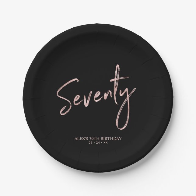 Seventy Rose Gold & Black 70th Birthday Party Paper Plate (Front)
