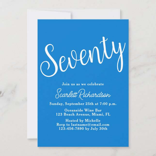 Seventy Script Blue 70th Birthday Party Invitation (Front)