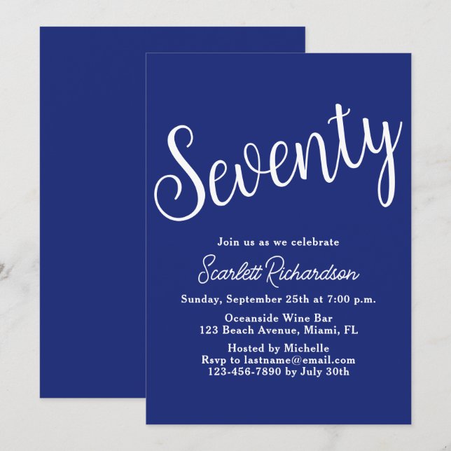 Seventy Script Navy Blue 70th Birthday Party Invitation (Front/Back)