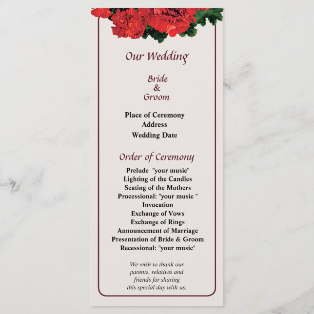 Several Red Geraniums Wedding Program Programme (Front)