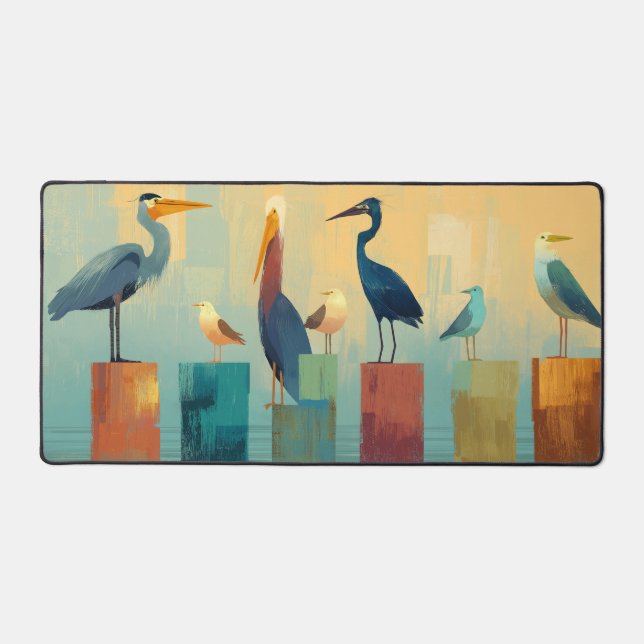 Several seabirds perched on pilings desk mat (Front)