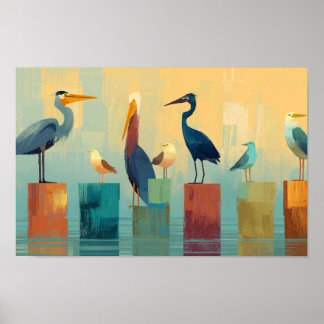 Several seabirds perched on pilings poster