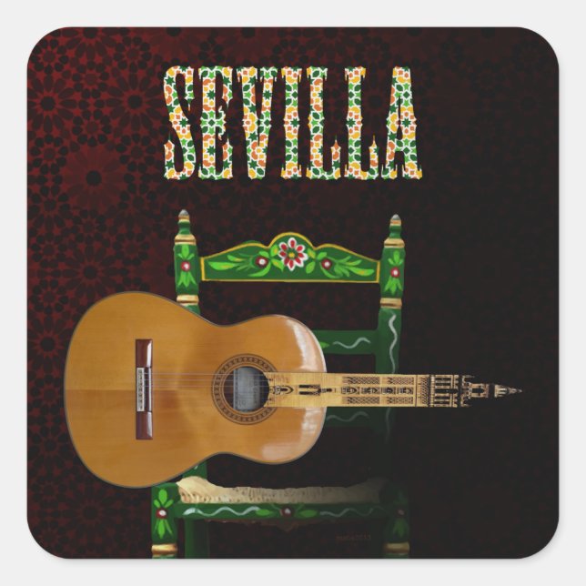 SEVILLA. Flemish Guitar with Giralda of Seville. Square Sticker (Front)