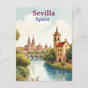 Sevilla Spain Vintage Travel watercolor Postcard