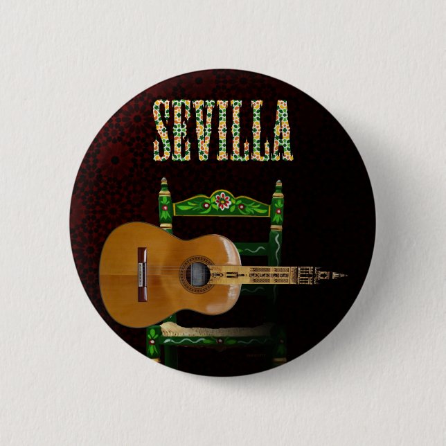 SEVILLE. Flamenco guitar with Giralda of Seville 6 Cm Round Badge (Front)