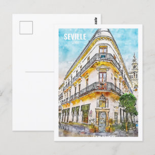 Seville Spain Famous Travel Watercolor Sketch Postcard