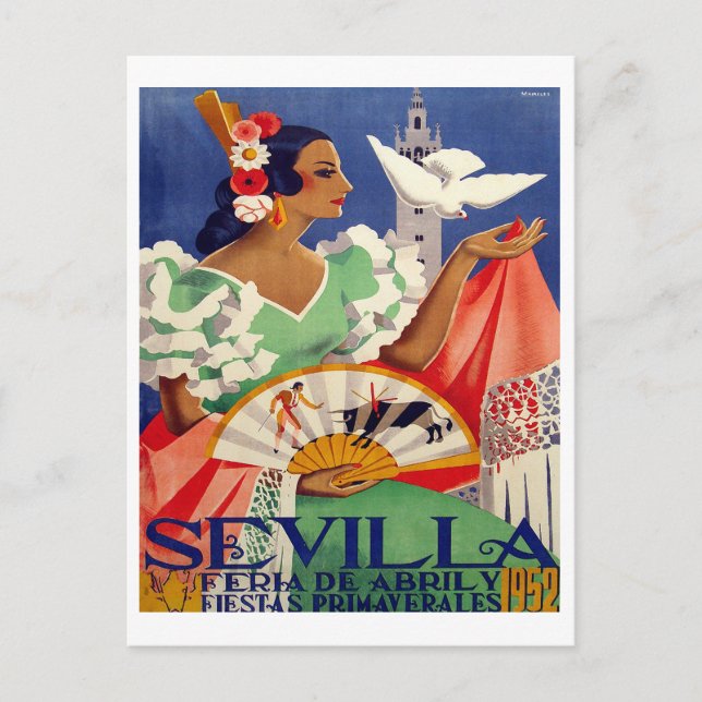 Seville, Spain, woman with white pigeon, vintage Postcard (Front)