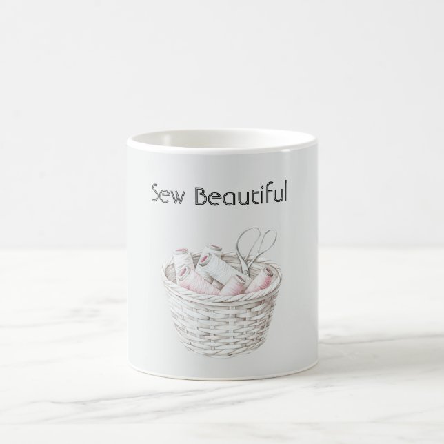Sew Beautiful Blush Pink White Thread Basket Coffee Mug (Center)