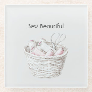Sew Beautiful Blush Pink White Thread Basket Glass Coaster