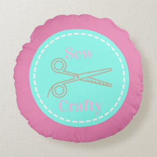 Sew Crafty Aqua Blue Circle with Scissors Round Cushion