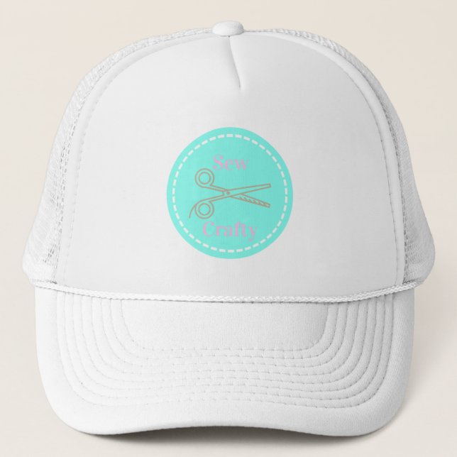 Sew Crafty Aqua Blue Circle with Scissors Trucker Hat (Front)