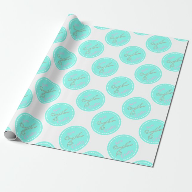 Sew Crafty Aqua Blue Circle with Scissors Wrapping Paper (Unrolled)