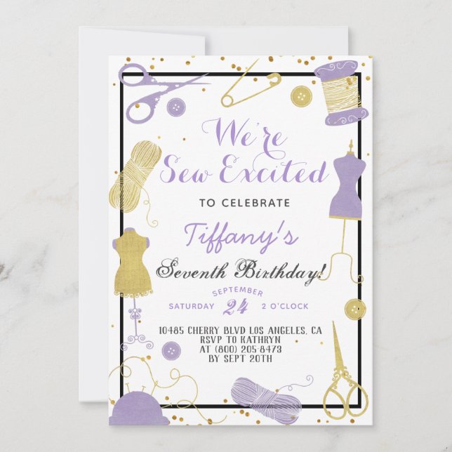Sew Excited Sewing Birthday Invitation (Front)