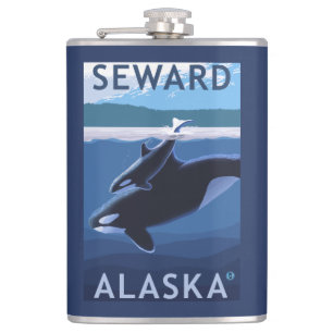 Seward, AlaskaOrca and Calf Scene Hip Flask