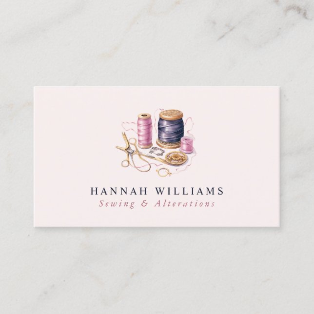 Sewing & Alterations Blush Pink & Navy Monogram   Business Card (Front)